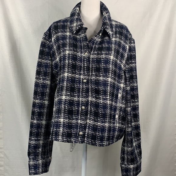 Express Black, Blue & White Cropped Tweed Embellished Shirt Jacket- NWT - Picture 3 of 17